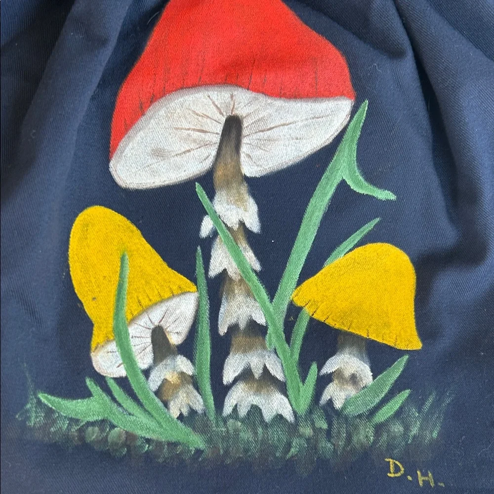 Vintage Blue Mushrooms Bag w Bamboo Handles - Picture 4 of 9
